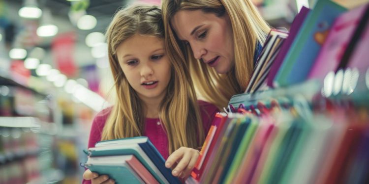 Matka z córką w sklepie papierniczym kupują wyprawkę szkolną